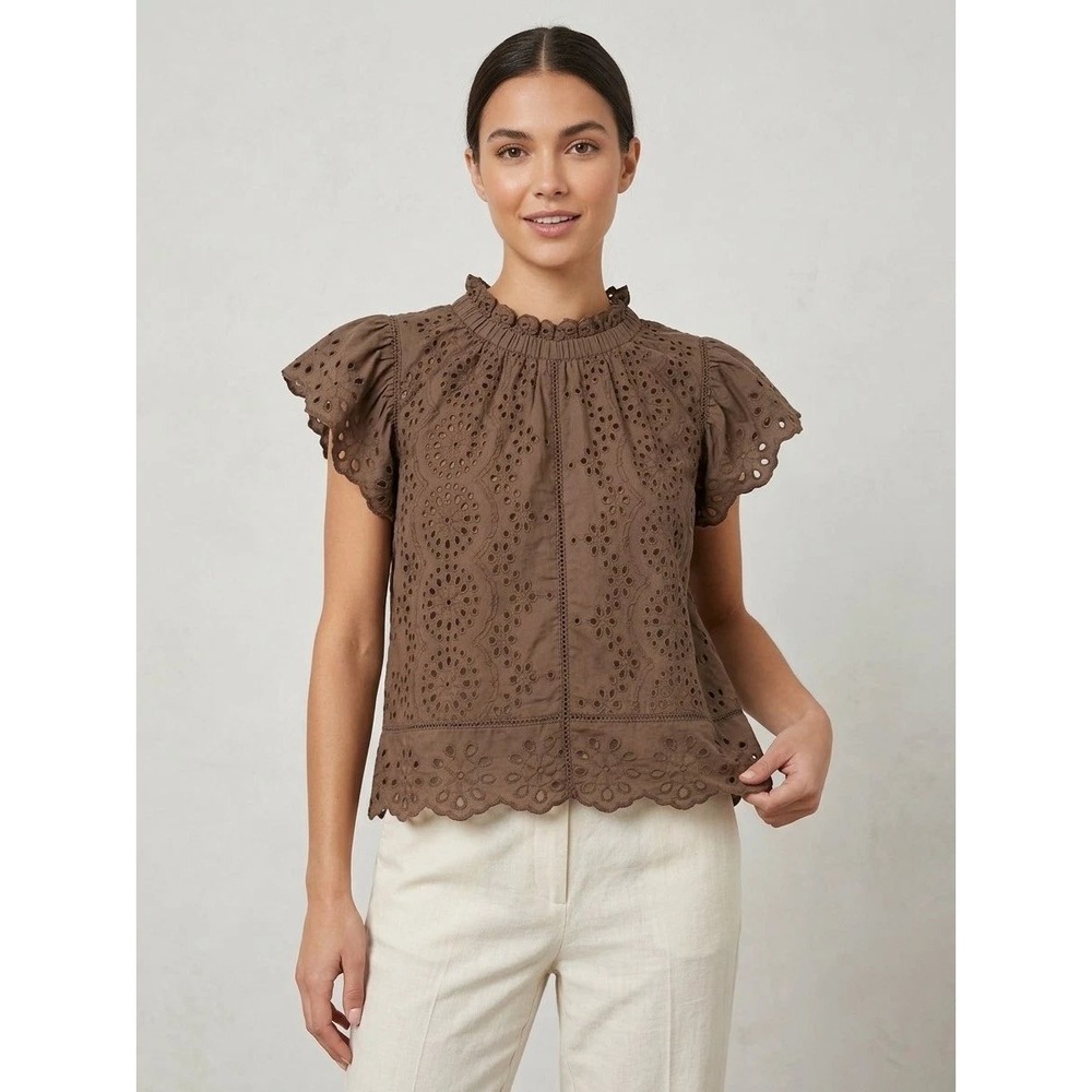 Jennifer Grace Brown Eyelet Cotton Flutter Sleeve Ruffle Neck Blouse Medium